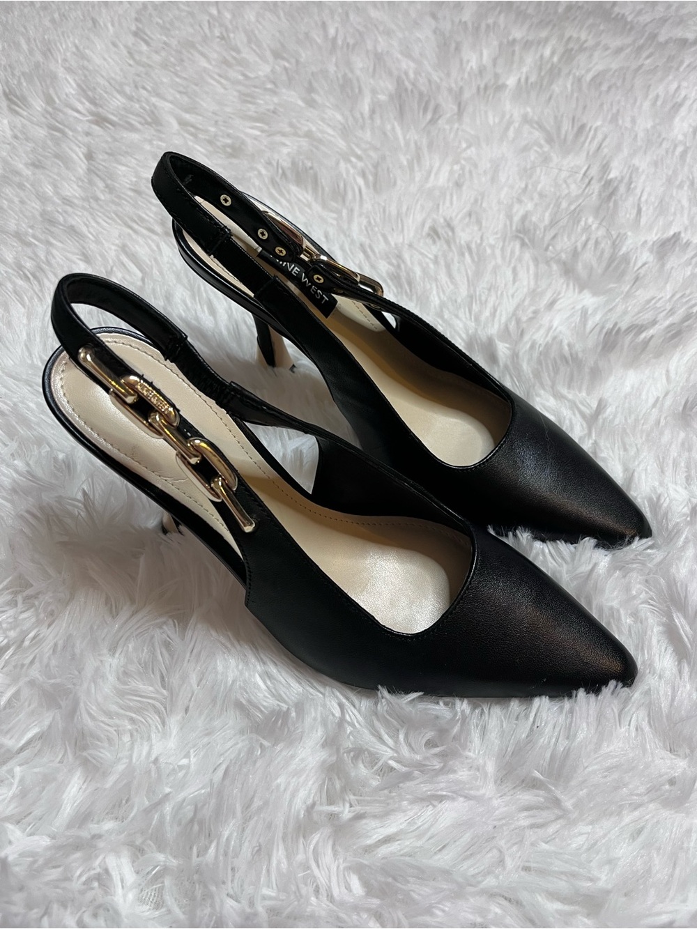 Nine West Black Pointed Slingback Pumps with Gold Chain Detail
